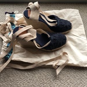 Tory Burch flower tie up wedge espadrilles